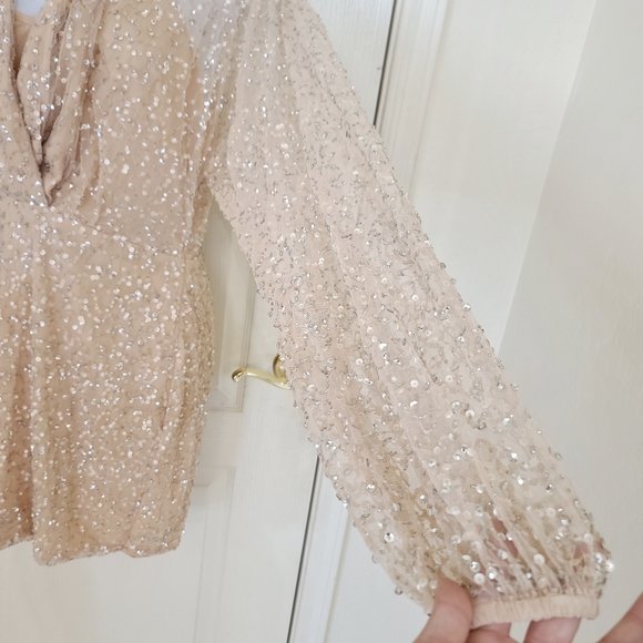 Mac Duggal | Flawed* Long Sleeve V Neck Embellished Mini Dress in Nude Size 6 - Picture 7 of 13